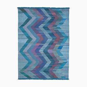 Blue Hand Knotted Geometric Wool Flatwave Kilim Carpet