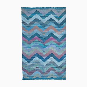 Tapis Kilim Flatwave Bleu Fait à la Main en Laine Anatolienne