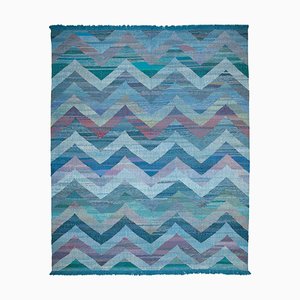 Blauer Handgeknüpfter Flatwave Kilim Teppich aus Wolle