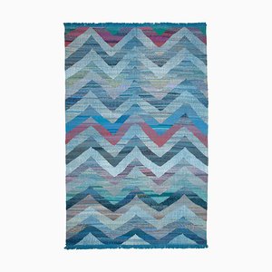 Blauer Handgeknüpfter Türkischer Flatwave Kilim Teppich aus Wolle