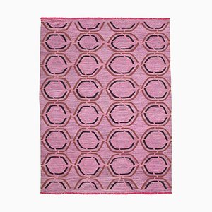Tappeto Kilim Flatwave geometrico a lana rosa annodato a mano