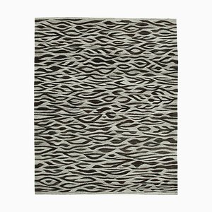 Grauer Handgeknüpfter Flatwave Kilim Teppich aus Geometrischer Wolle