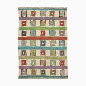 Tapis Kilim Multicolore Géométrique Tissé Main en Laine Tissée Main