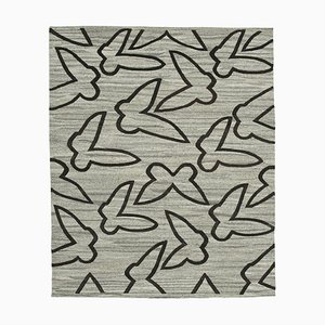 Grauer handgeknüpfter Flachwave Kilim Teppich aus Wolle