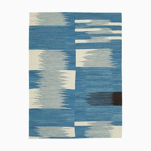 Blauer handgewebter dekorativer flatwave großer Kilim Teppich