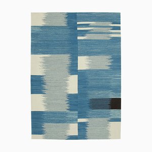 Blauer Handgeknüpfter Türkischer Flatwave Kilim Teppich aus Wolle