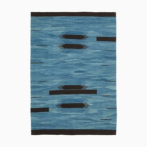Blauer Handgeknüpfter Anatolischer Flatwave Teppich aus Wolle
