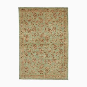 Green Turkish Hand Knotted Wool Small Oushak Carpet