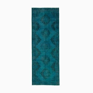 Turquoise Anatolian  Antique Hand Knotted Overdyed Runner Rug