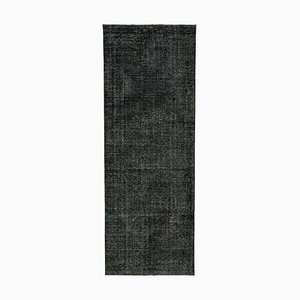 Black Anatolian  Low Pile Hand Knotted Overdyed Runner Rug