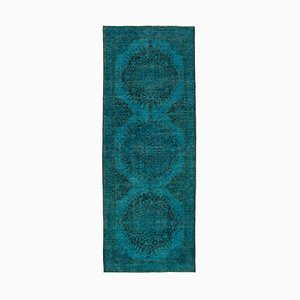 Turquoise Anatolian  Decorative Hand Knotted Overdyed Runner Rug