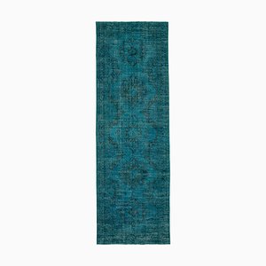 Turquoise Oriental Low Pile Hand Knotted Overdyed Runner Rug