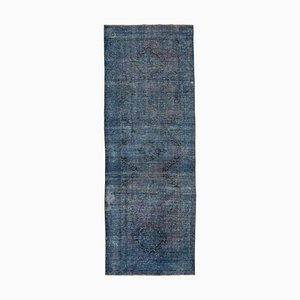 Blue Turkish Wool Handmade Overdyed Runner Rug