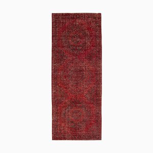 Red Anatolian  Antique Hand Knotted Overdyed Runner Rug
