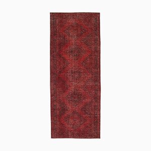 Red Anatolian  Low Pile Hand Knotted Overdyed Runner Rug