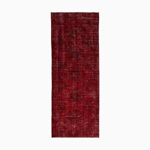 Red Oriental Low Pile Hand Knotted Overdyed Runner Rug