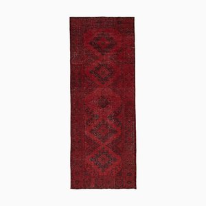 Vintage Red Oriental Hand Knotted Overdyed Runner Rug
