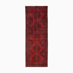 Red Oriental Low Pile Hand Knotted Overdyed Runner Rug