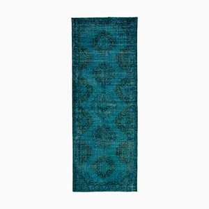 Turquoise Oriental Antique Hand Knotted Overdyed Runner Rug