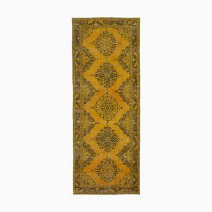 Yellow Oriental Low Pile Hand Knotted Overdyed Runner Rug