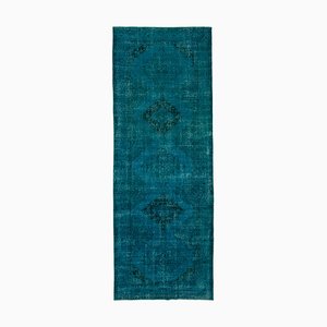Turquoise Oriental Antique Hand Knotted Overdyed Runner Rug