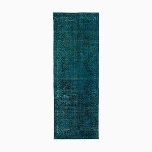 Turquoise Oriental Decorative Hand Knotted Overdyed Runner Rug