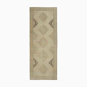 Beige Anatolian  Low Pile Hand Knotted Vintage Runner Rug