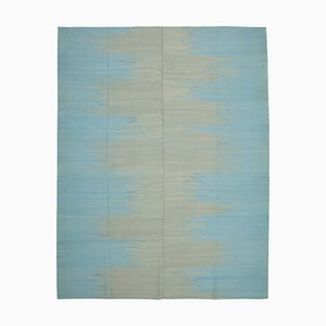Blauer Anatolischer Handgeknüpfter Flatwave Kilim Teppich aus Wolle