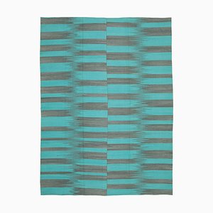 Turquoise Anatolian Handmade Wool Flatwave Kilim Carpet