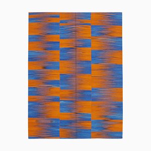 Orange Türkiser Handgeknüpfter Flatwave Kilim Teppich aus Wolle