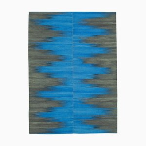 Blauer Anatolischer Handgeknüpfter Flatwave Kilim Teppich aus Wolle