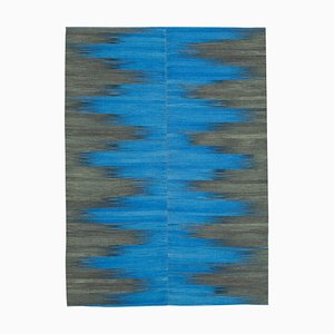 Blue Anatolian Handmade Wool Flatwave Kilim Carpet