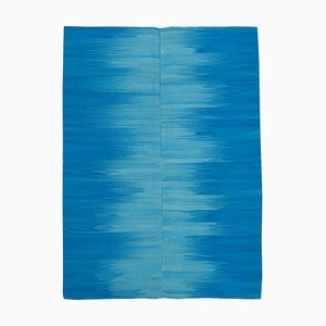 Blauer Handgeknüpfter Türkischer Flatwave Kilim Teppich aus Wolle