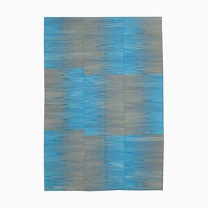 Blue Anatolian Handmade Wool Flatwave Kilim Carpet