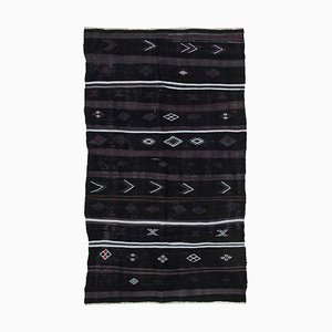 Black Anatolian Handmade Wool Vintage Kilim Carpet
