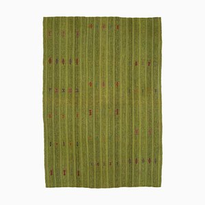 Green Anatolian Handmade Wool Vintage Kilim Carpet