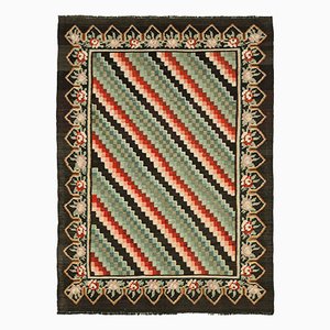 Vintage Hand Knotted Brown Wool Rose Kilim Rug