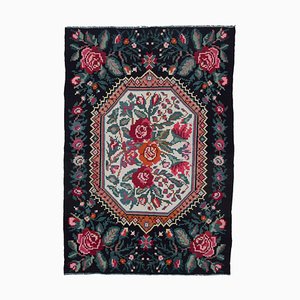Black Vintage Hand Knotted Wool Rose Kilim Carpet