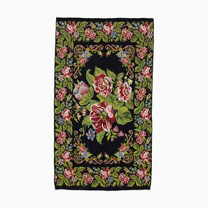 Tapis Kilim Vintage Floral Noir Fait à la Main Tribal