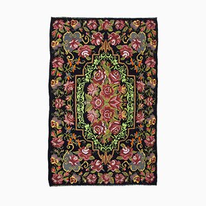 Tapis Kilim Vintage Floral Noir Fait à la Main Tribal