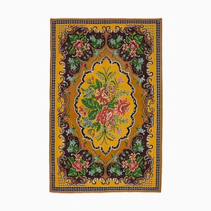 Tapis Kilim Vintage Floral Jaune Fait à la Main