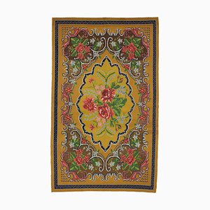 Tappeto Kilim vintage tribale fatto a mano con fiori gialli