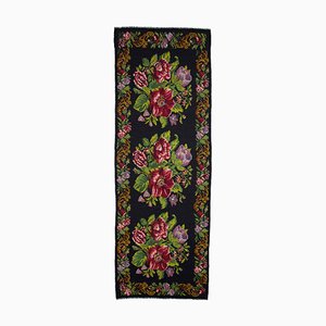Black Bessarabian Handmade Vintage Runner Kilim Carpet