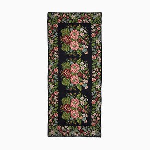 Black Floral Handmade Vintage Runner Kilim Carpet