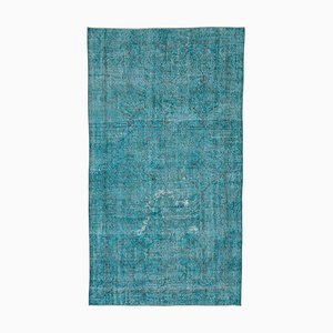 Turquoise Oriental Low Pile Handwoven Overd-yed Rug