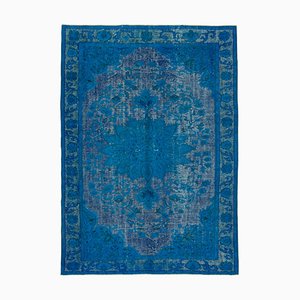 Handbemalter geschnitzter antiker Überfärbter Teppich in Blau