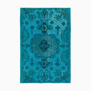 Turquoise Antique Handwoven Carved Overdyed Carpet