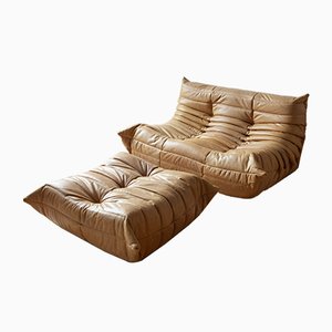 Camel Brown Leather Togo Sofa and Pouf Set by Michel Ducaroy for Ligne Roset, 1970s, Set of 2