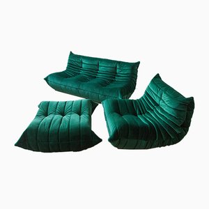 Poltrona Togo in velluto verde bottiglia, pouf e divano a tre posti di Michel Ducaroy per Ligne Roset, set di 3