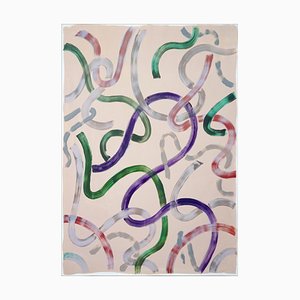 Green and Purple Outlines on Ivory, Abstract Acrylic Painting on Paper, Modern 2020
